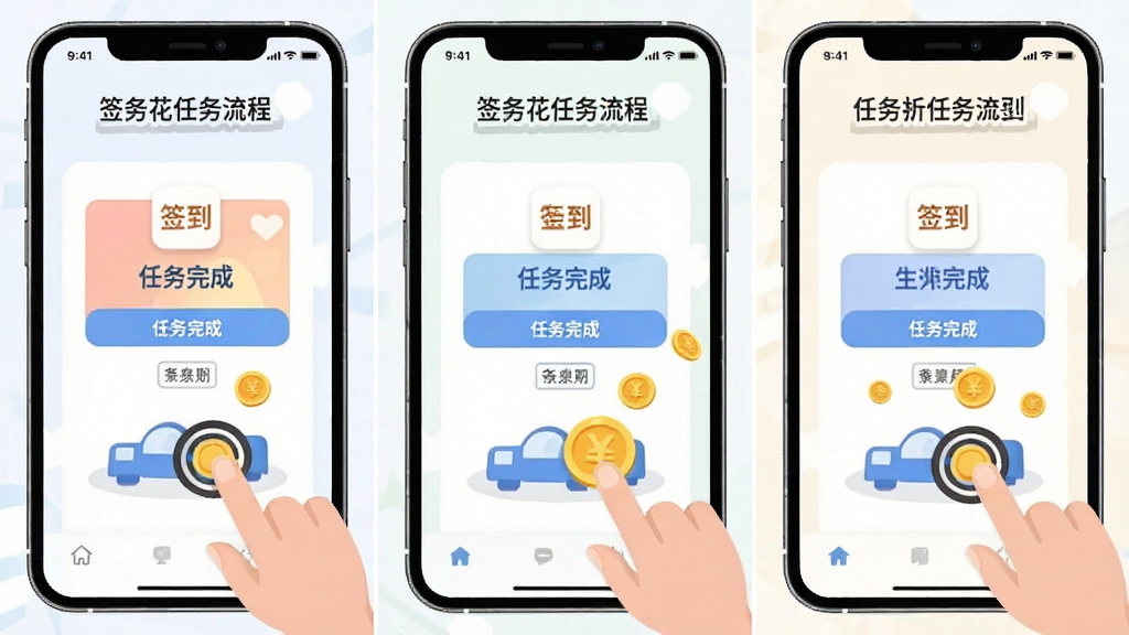 果然有钱花新手操作指引图,画面为手机界面分步骤展示签到和任务完成流程,布局为三格分镜排列,排版清晰,风格为简约扁平化教程插画,细节包含手指点击图标和金币飘落效果,画质高清,干净无多余元素