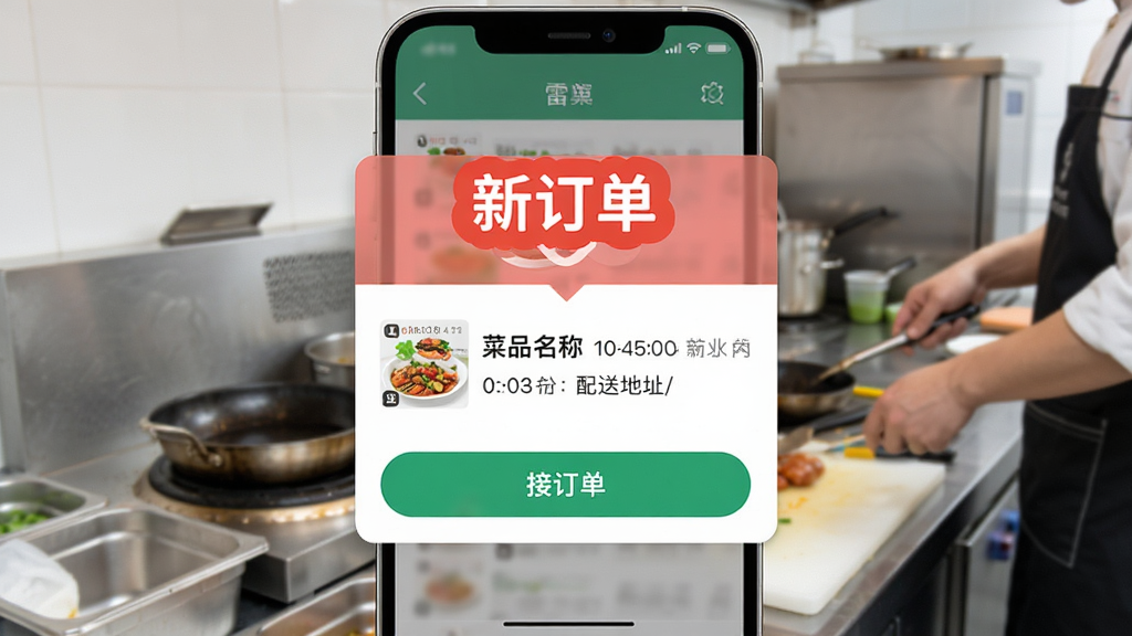 雷达商家版手机界面弹出新订单提醒浮窗,画面上方有醒目的“新订单”文字标签,下方显示菜品名称和配送地址,背景为后厨操作台,风格简洁明亮,细节包含时间戳和接单按钮,画质清晰干净,无多余元素