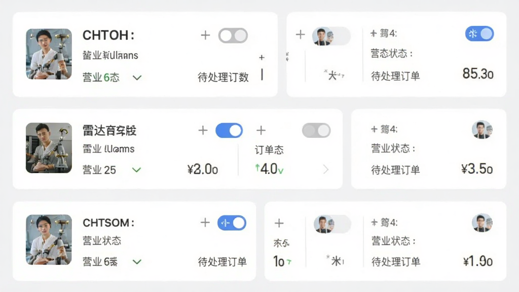 雷达商家版多店铺管理界面,画面展示多个店铺卡片纵向排列,每个卡片包含店铺名称、营业状态和待处理订单数,风格为清爽的卡片式布局,背景为浅灰底色,细节包含切换按钮和头像图标,画质清晰干净,无多余元素
