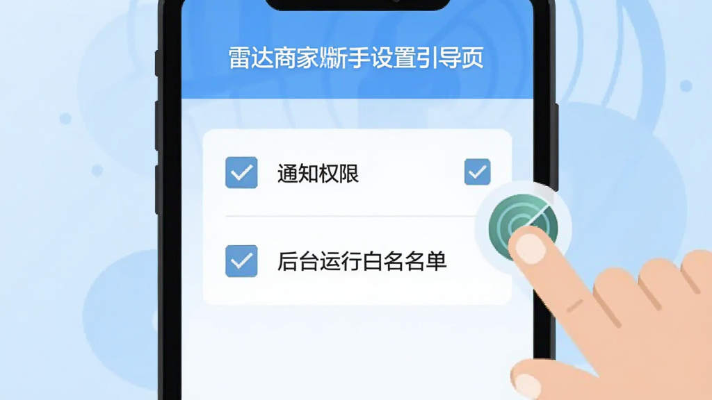 雷达商家版新手设置引导页面,画面展示手机屏幕中勾选通知权限和后台运行白名单的选项,旁边有手指点击的示意,风格为扁平化教程插图,背景为浅蓝色渐变,细节包含复选框和对勾图标,画质清晰干净,无多余元素