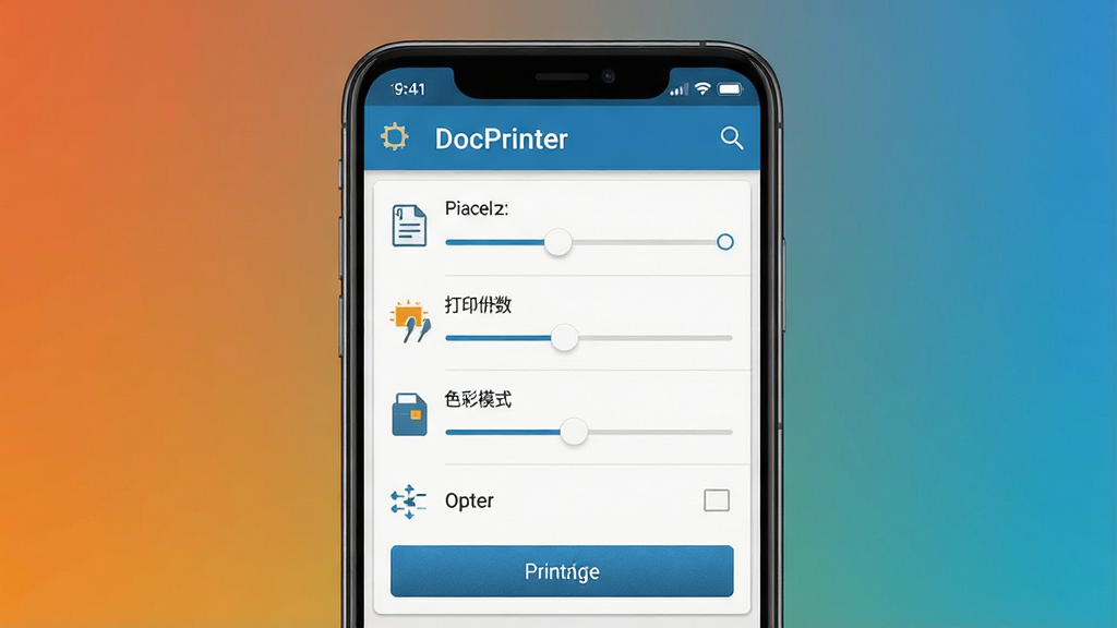 һ��չʾDocPrinter��ϸ����ӡ�������ڹ��ܵ�ͼƬ�����������ǰ�׿�ֻ���Ļ����Ļ��չʾ�Ŵ�ӡ������壬����а���ֽ�Ŵ�С����ӡ������ɫ��ģʽ��ѡ����涥����