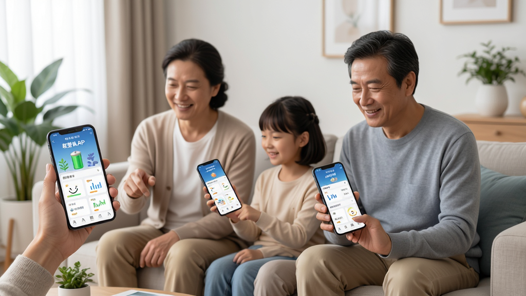 一个家庭场景中,多位家庭成员各自使用手机查看联塑储能APP界面,主体为三到四人围坐客厅,布局为分散式构图,排版自然,风格为温馨家庭科技风,细节包含手机屏幕上的储能数据、笑脸、室内绿植,画质高清,画面干净,无多余元素