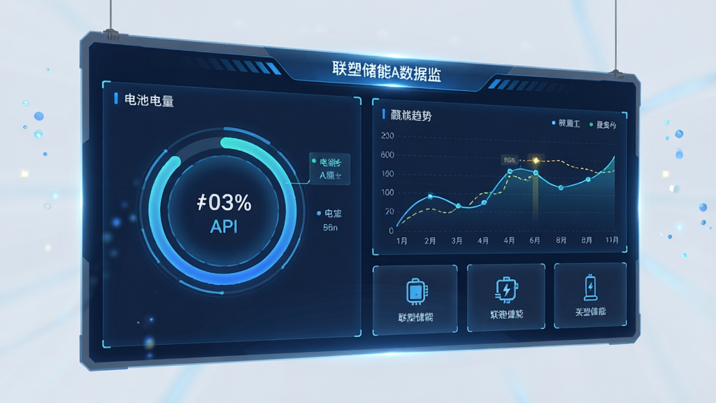 一块大屏幕展示联塑储能APP的数据监控界面,主体为悬浮在空中的虚拟数据面板,布局分为左右两栏,左侧为电池电量环形图,右侧为折线趋势图,排版采用网格化信息卡片,风格为未来科技感,细节包含蓝色光效、数字跳动动画、设备图标,画质超清,画面干净,无多余元素
