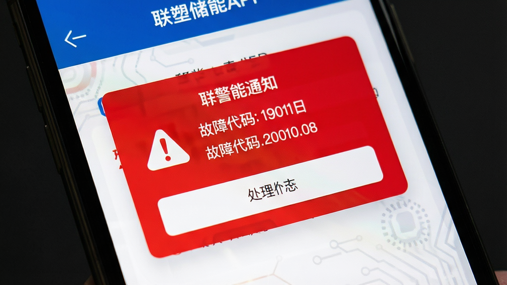 联塑储能APP的告警通知界面特写,主体为手机屏幕弹出红色告警卡片,布局为居中弹窗,排版突出告警信息,风格为警示科技风,细节包含感叹号图标、故障代码、处理按钮,画质清晰,画面干净,无多余元素
