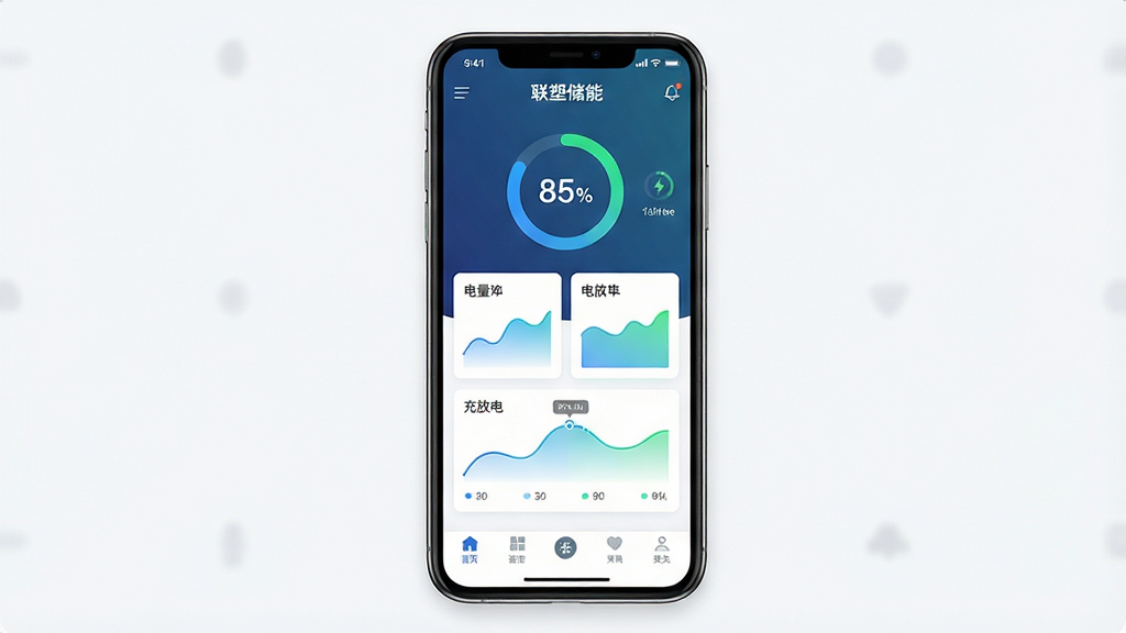 一张展示联塑储能APP首页界面的手机样机图,主体为现代智能手机,屏幕内显示储能设备实时监控仪表盘,包含电量百分比、充放电功率曲线等数据卡片,布局居中对称,排版清晰,风格为科技感扁平化UI设计,细节包含蓝色与绿色渐变的数据图表、圆形电量环、底部导航栏,画质高清,画面干净,无多余元素