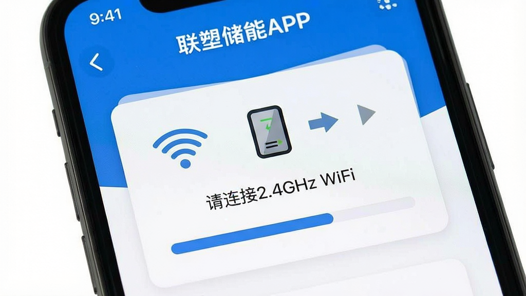 一张手机屏幕显示联塑储能APP配网引导页面的截图,主体为手机界面,布局为居中卡片式引导,排版包含WiFi图标、设备图标、箭头指示,风格为扁平化教程风格,细节包含“请连接2.4GHz WiFi”文字、进度条,画质清晰,画面干净,无多余元素