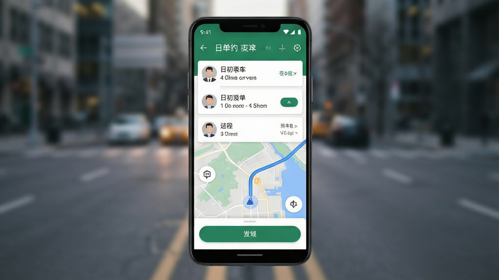 一张展示日初约车司机端应用界面的手机预览图,主体为一部竖屏安卓手机,屏幕内显示订单列表和地图导航界面,布局居中,背景为城市道路虚化场景,风格简洁现代,细节包含订单卡片、司机头像和接单按钮,画质清晰干净,无多余元素