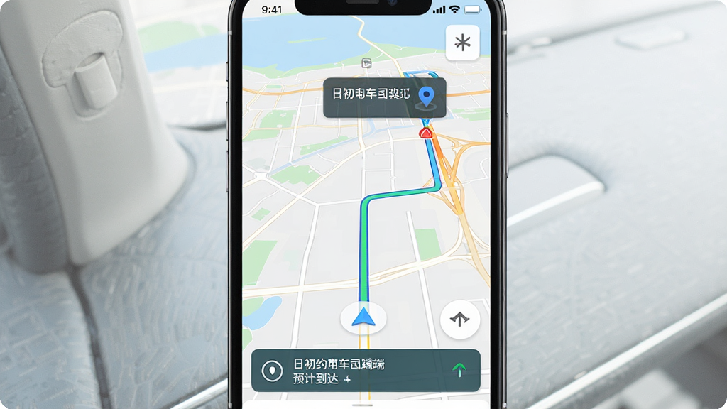 一张展示日初约车司机端导航功能的手机界面图,主体为手机屏幕显示地图路线和导航箭头,布局为竖屏居中,背景为浅色城市地图,风格科技简约,细节包含目的地标记、预计到达时间和路况颜色线条,画质高清干净,无多余元素
