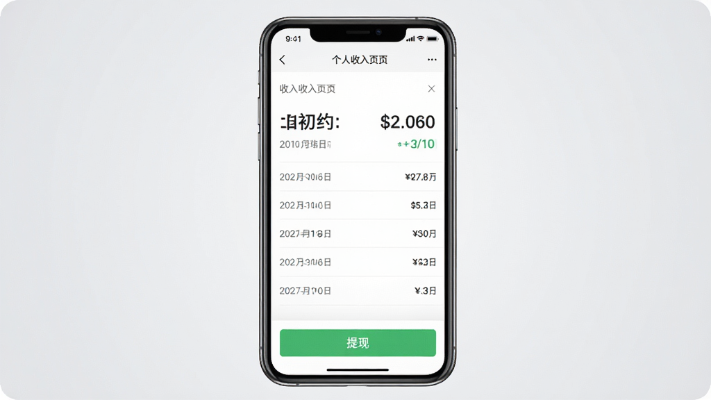 一张展示日初约车司机端个人收入页面的手机截图,主体为手机屏幕显示收入明细和提现按钮,布局为竖屏居中,背景为浅灰色渐变,风格清新商务,细节包含数字金额、日期列表和绿色提现按钮,画质清晰干净,无多余元素