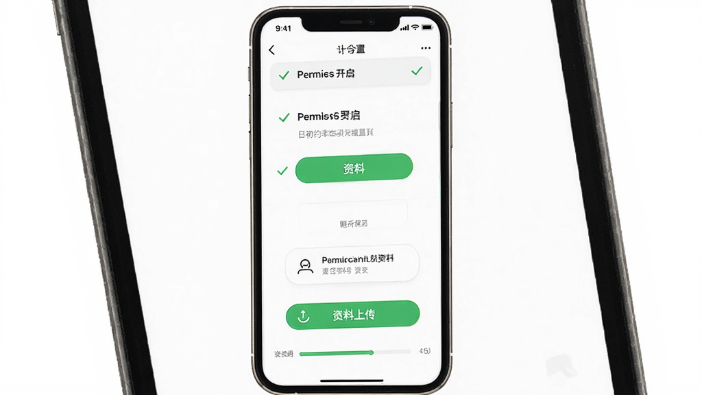 一张展示日初约车司机端新手设置向导的手机界面图,主体为手机屏幕显示权限开启和资料上传步骤,布局为竖屏居中,背景为白色简洁风格,细节包含勾选图标、上传按钮和进度条,画质清晰干净,无多余元素