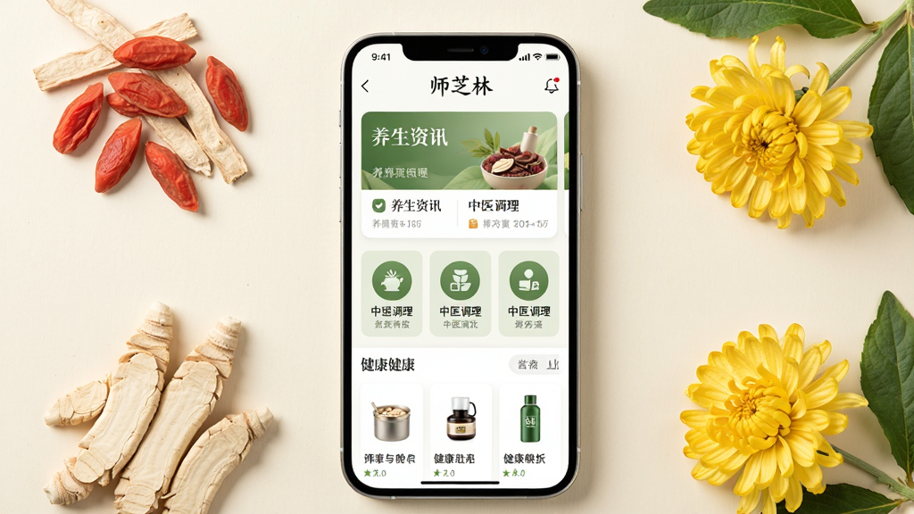 画面中央展示一部智能手机,手机屏幕内呈现“师芝林”App的首页界面,界面包含养生资讯卡片、中医调理分类图标和健康产品展示区。手机周围环绕着淡雅的中药材如枸杞、黄芪和菊花等元素,整体采用清新自然的绿色与米白色调,风格简约现代,细节精致,画质高清,干净无多余元素