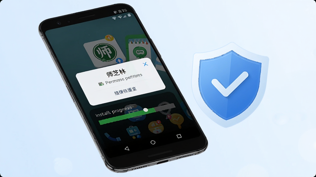 画面展示一部安卓手机正在安装“师芝林”App,屏幕上显示权限授予弹窗和安装进度条。手机旁边有盾牌图标代表安全防护,背景为浅蓝色渐变,整体风格简洁明快,画质高清,干净无多余元素