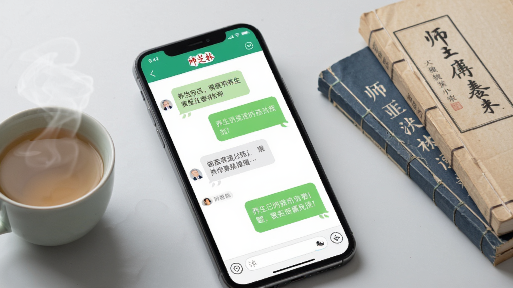 画面展示手机屏幕内“师芝林”App的在线咨询聊天界面,对话气泡中包含养生问题与专业回复,界面设计简洁清晰。手机旁放置着一杯热茶和几本中医书籍,背景为淡雅的浅灰色,整体风格素雅极简,画质高清,干净无多余元素