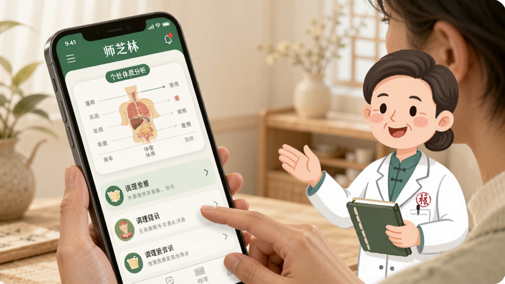 画面展示一位用户在手机上与“师芝林”App进行交互,屏幕中显示个性化的体质分析图表和调理建议列表,旁边有中医师形象的卡通插图在旁辅助说明。整体风格温馨亲切,色调以暖绿和米白为主,画质高清,干净无多余元素