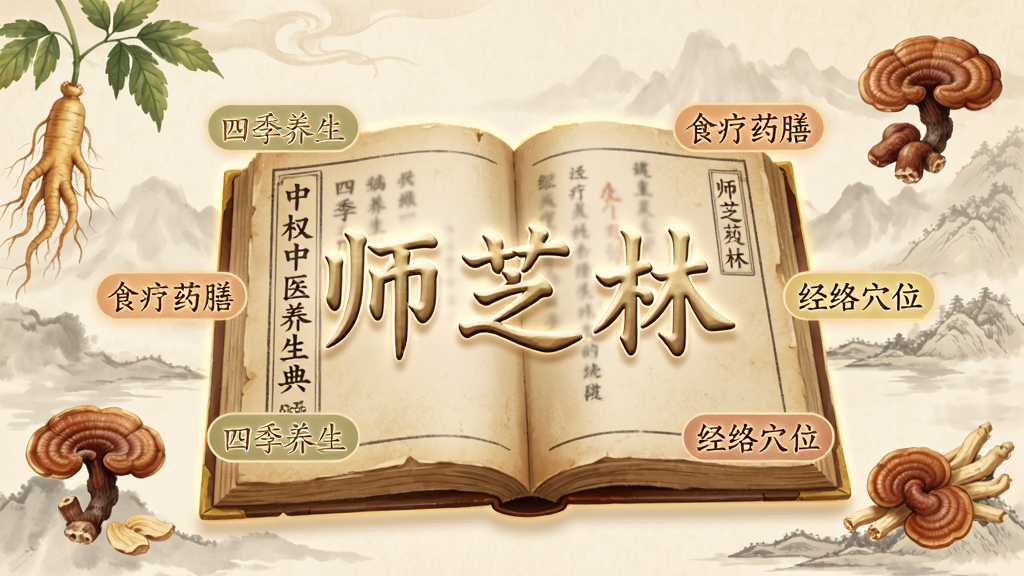 画面展示一本展开的虚拟中医养生典籍,书页上浮现出“师芝林”三个字,周围环绕着四季养生、食疗药膳、经络穴位等关键词标签。背景是柔和的中式水墨风格,点缀着人参、灵芝等中药材插画,整体色调温暖古朴,画质细腻高清,干净无多余元素