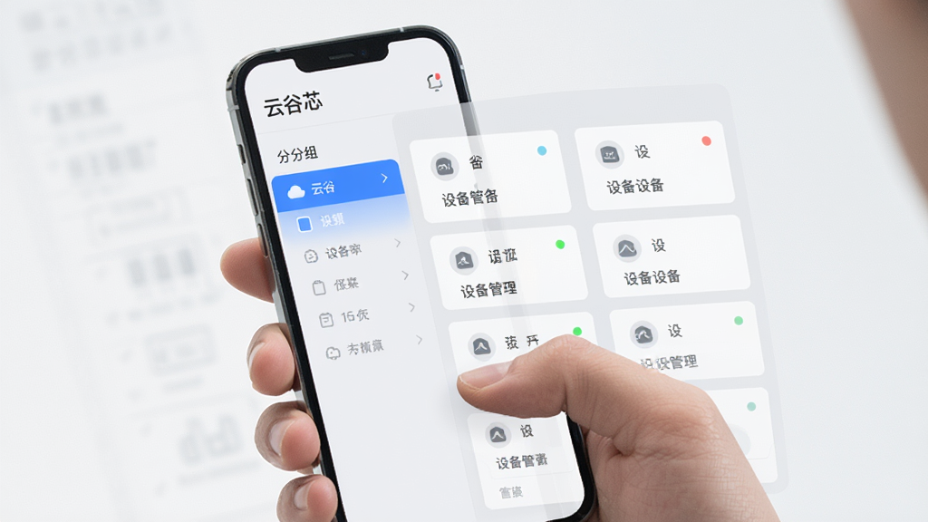 主体为一只手持手机查看设备列表的场景,屏幕中显示“云谷芯”设备管理界面,布局为左侧分组栏与右侧设备卡片列表;排版采用双栏结构,风格为清爽商务风,细节包括浅灰底色、蓝色高亮选中项、圆形状态指示灯;画质清晰,干净,无多余元素