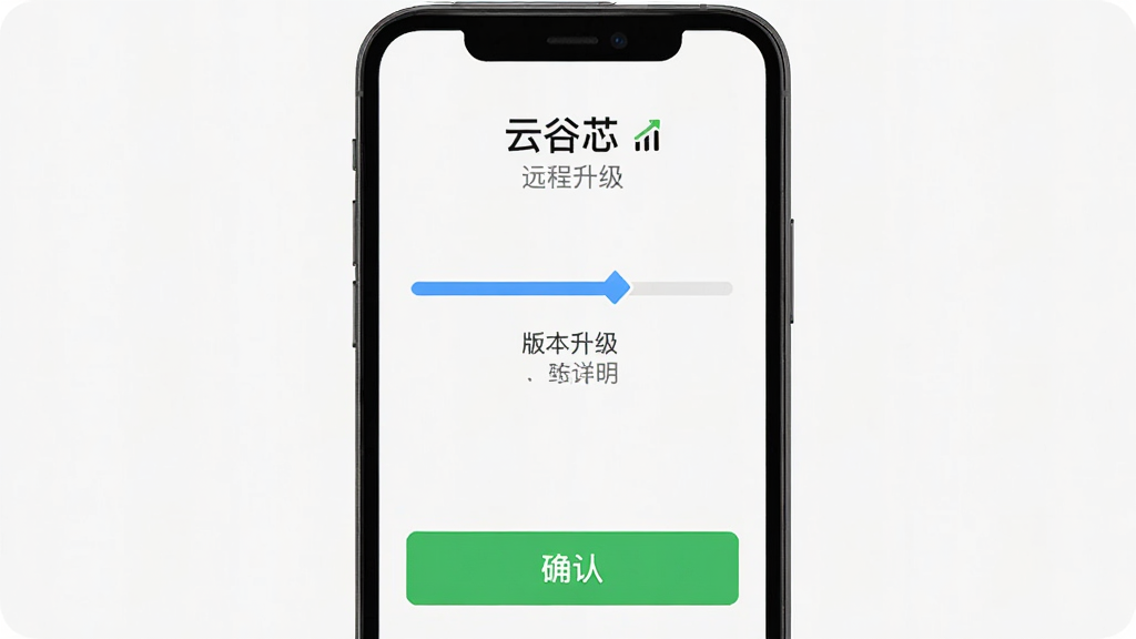 主体为手机界面显示“云谷芯”远程升级页面,布局为顶部设备名称、中部进度条与版本说明、底部操作按钮;排版居中对称,风格为极简工具风,细节包括蓝色进度条、灰色说明文字、绿色确认按钮;画质清晰,干净,无多余元素