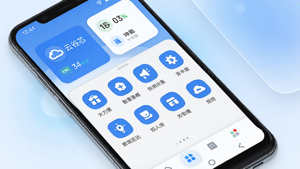 主体为一部安卓手机,屏幕显示“云谷芯”软件主界面,布局采用上中下结构,上方为设备状态卡片,中间为功能图标网格,下方为底部导航栏;排版整洁,风格为现代科技简约风,细节包括蓝白配色、圆角图标、微光渐变背景;画质清晰,干净,无多余元素