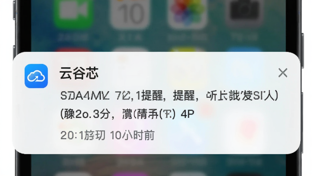 主体为手机锁屏界面弹出“云谷芯”消息提醒卡片,布局为通知标题、简要内容与时间戳;排版简洁,风格为系统通知风,细节包括白色卡片、蓝色应用图标、灰色辅助文字;画质清晰,干净,无多余元素