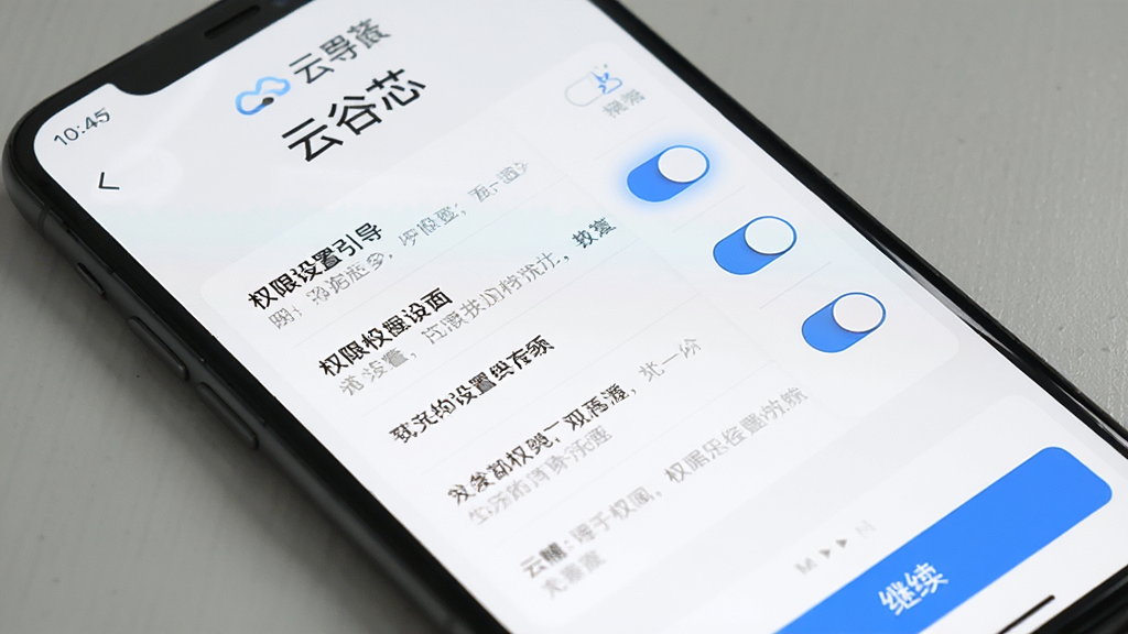 主体为手机屏幕显示“云谷芯”权限设置引导页,布局为顶部标题、中部权限列表与开关按钮、底部继续按钮;排版清晰,风格为引导教程风,细节包括蓝色高亮开关、灰色说明文字、白色背景;画质清晰,干净,无多余元素