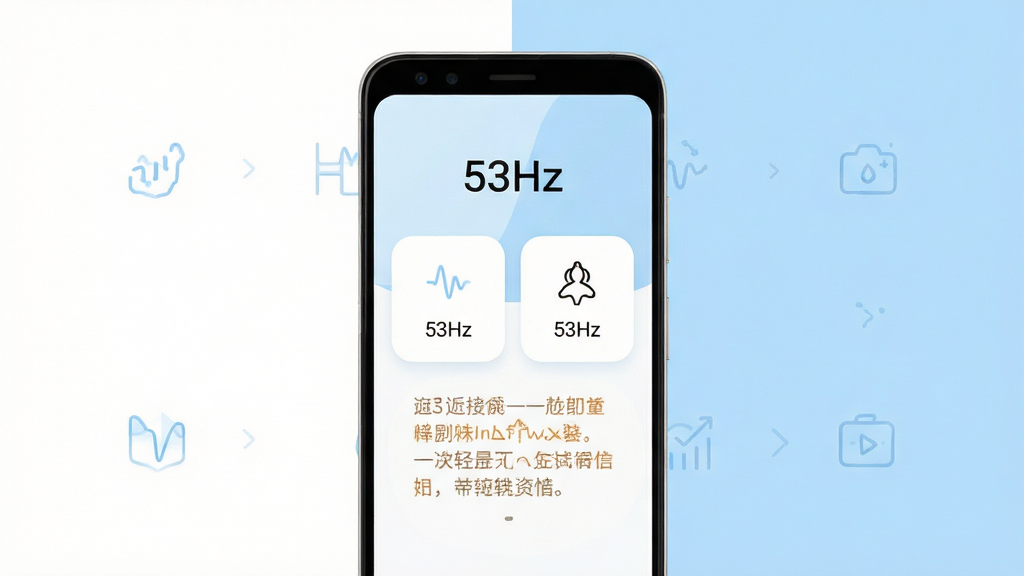 53Hz软件轻量无广告界面展示图,画面中央为一部安卓手机,屏幕内显示软件主界面,顶部有“53Hz”文字,界面内只有简洁的功能入口与温暖文案,背景为纯白色与浅蓝色搭配,风格极简清爽,布局留白充足,细节包含细线图标与柔和圆角,画质清晰,干净,无多余元素