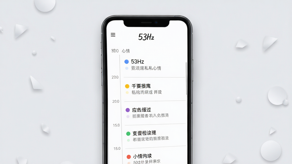 53Hz软件私人心情记录界面展示图,画面主体为手机屏幕,屏幕内显示时间轴式心情日记列表,顶部有“53Hz”标识,每条记录带有不同颜色圆点与简短文字摘要,背景为浅灰色极简风格,布局纵向排列,细节包含细线分隔与柔和阴影,画质清晰,干净,无多余元素