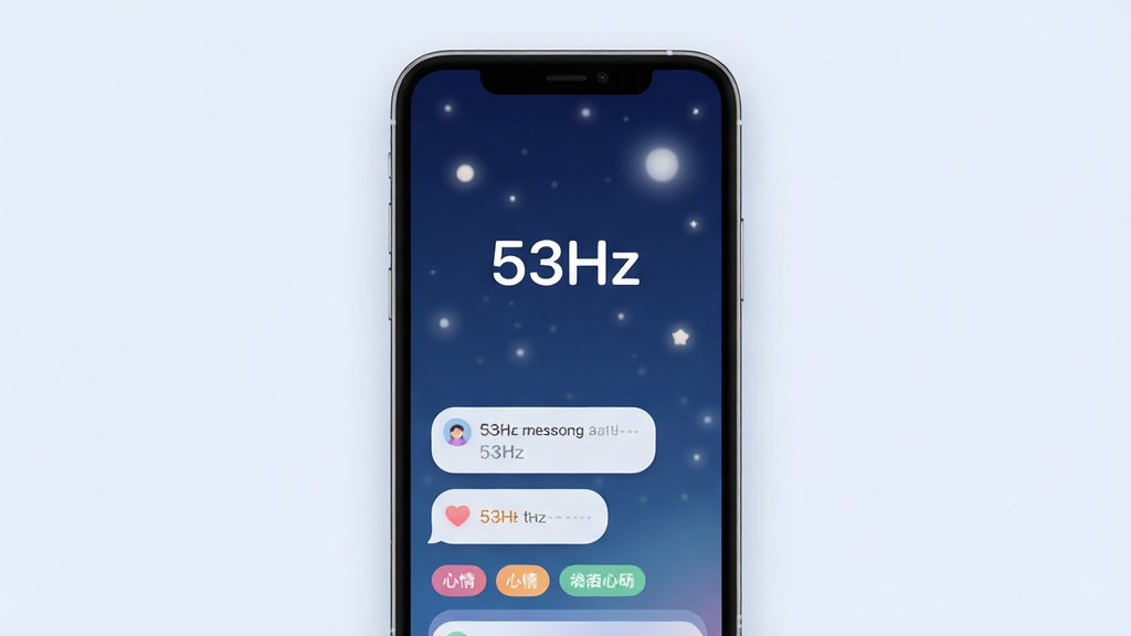 一款名为53Hz的匿名社交软件界面展示图,画面中央是手机屏幕,屏幕内呈现深蓝色夜空背景与柔和星光,界面中央显示“53Hz”文字标识,下方排列匿名树洞消息气泡与心情标签,整体布局简洁,风格治愈安静,细节包含圆角卡片与柔和渐变,画质清晰,干净,无多余元素
