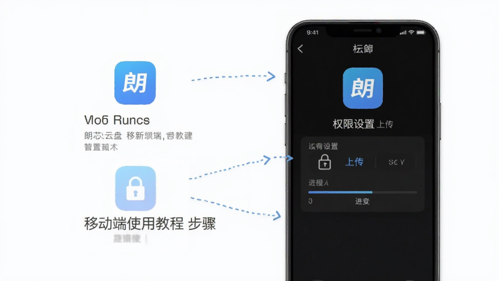 朗芯云盘 移动端使用教程 步骤图 手机屏幕 权限设置界面 上传进度 蓝色图标 干净背景 高清画质