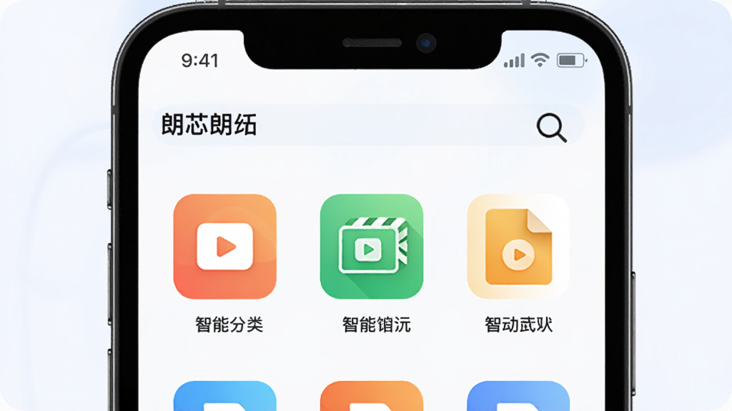 朗芯云盘 智能分类界面 图片视频文档图标 搜索放大镜 手机屏幕 浅色背景 简洁排版 高清画质