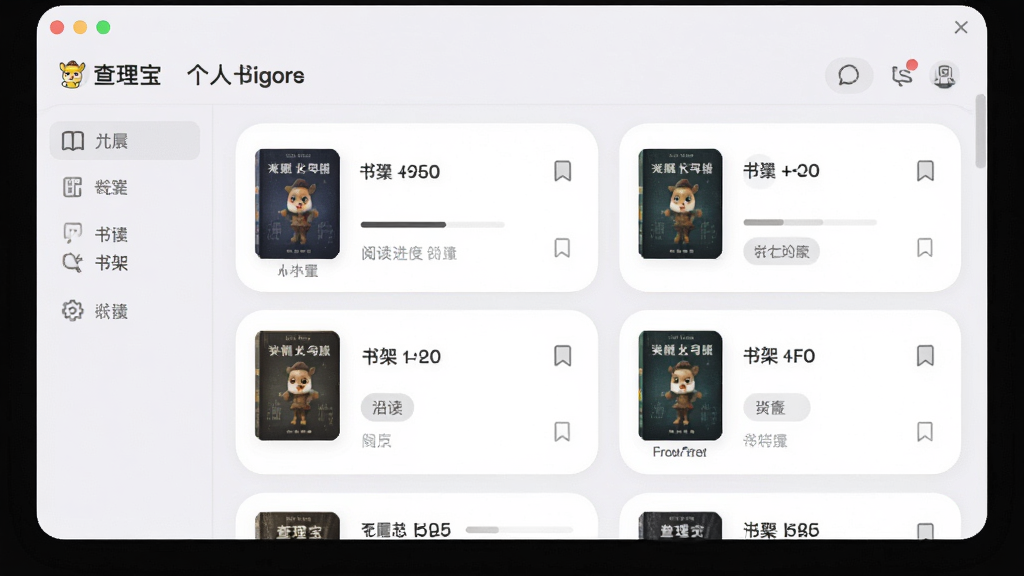 展示“查理宝”软件书架管理功能的界面图片,主体为个人书架页面,布局采用卡片式列表,风格为柔和圆角设计,细节包含书籍封面、阅读进度条、书签图标、分类标签,画质清晰,干净,无多余元素