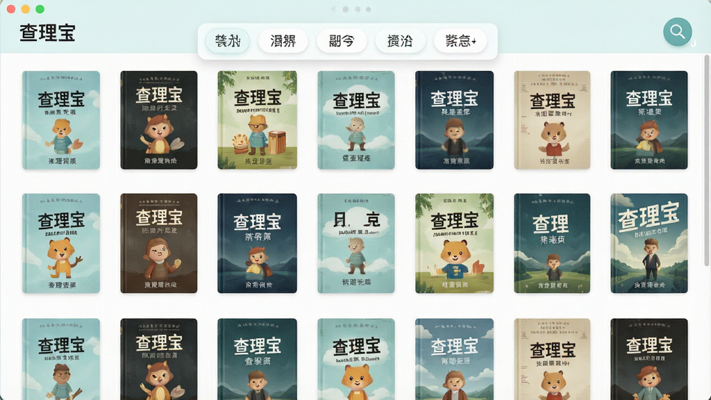 一张展示“查理宝”软件内部书库界面的图片,主体为整齐排列的电子书封面网格,布局采用三列网格排版,风格为清新浅色设计,细节包含书籍封面上的文字清晰可见、分类标签悬浮于顶部、搜索放大镜图标位于右上角,画质高清,干净,无多余元素