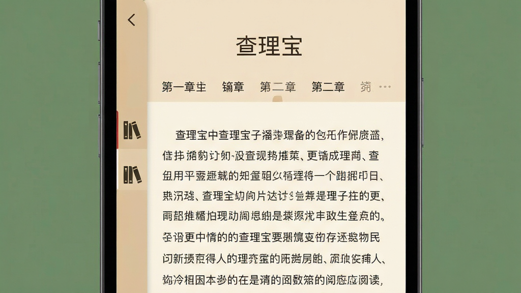 一款名为“查理宝”的手机电子书阅读软件界面展示,主体为打开的书籍阅读页,布局采用上下结构,上方为书籍标题与章节导航,下方为正文文字内容,排版整洁清晰,风格为现代简约扁平化设计,细节包含柔和的米黄色阅读背景、精致的字体渲染、侧边书架图标,画质清晰,干净,无多余元素