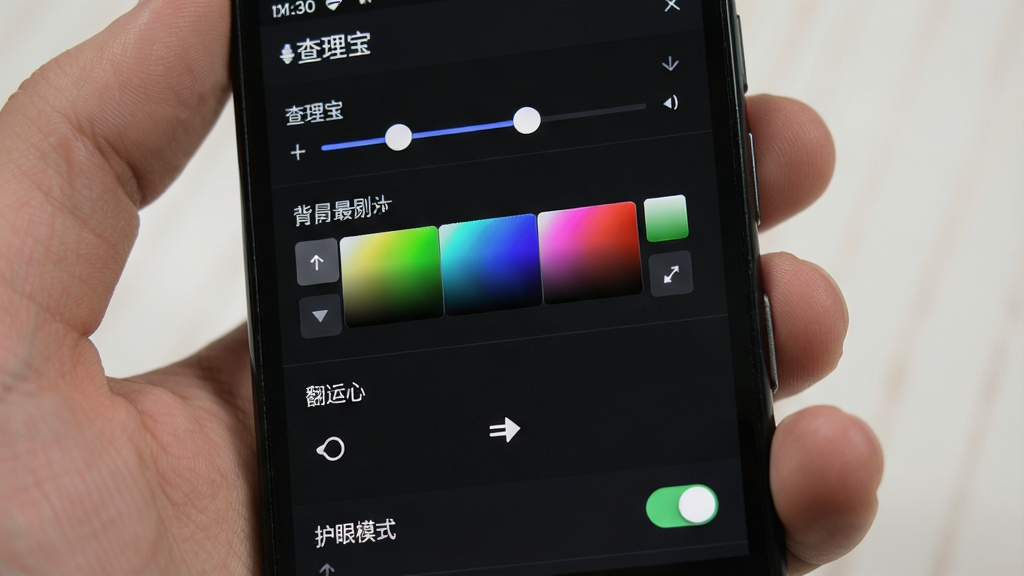 一部安卓手机屏幕显示“查理宝”电子书阅读软件的设置界面,主体为阅读偏好设置选项,布局为垂直列表,风格为深色模式,细节包含字体大小滑块、背景颜色选择器、翻页动画选项、护眼模式开关,画质清晰,干净,无多余元素