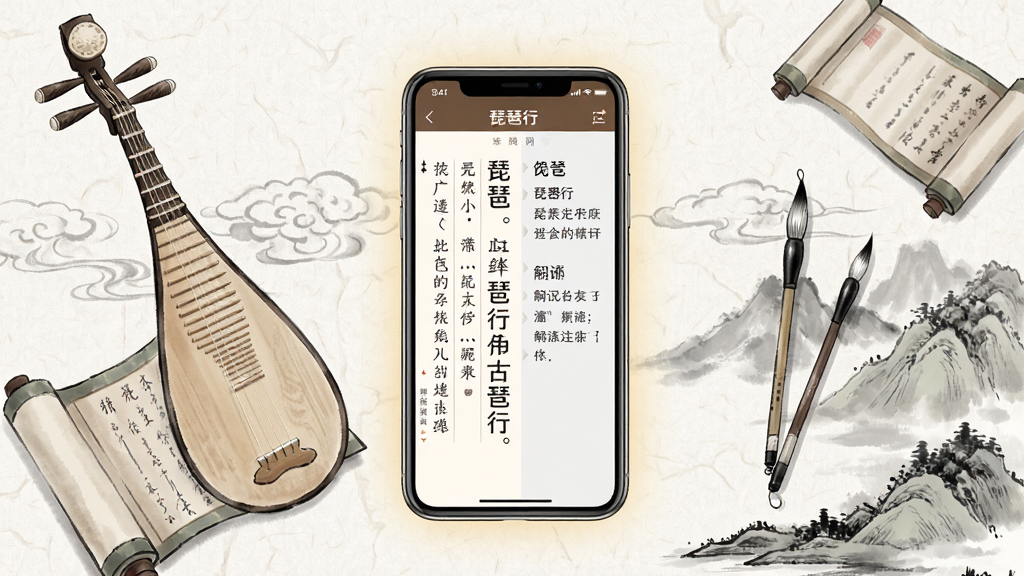 一幅展现古典诗词学习手机应用界面的插画,画面中央是一台智能手机,屏幕上显示着琵琶行APP的界面,左侧是琵琶行原文竖排文字,右侧是翻译注释,手机周围环绕着古代琵琶、卷轴、毛笔、水墨山水等中国风元素,整体布局采用中心对称构图,风格为中国风水墨淡彩,细节上手机屏幕有柔和的光晕,背景是宣纸纹理,画面干净整洁,画质高清,无多余元素