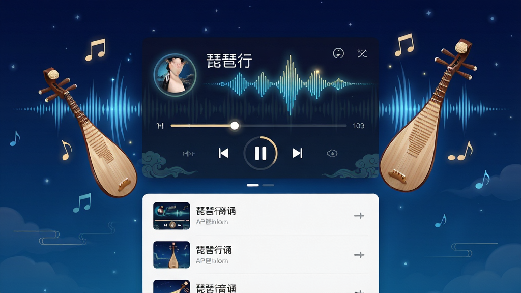 一幅展示琵琶行APP朗诵音频播放界面的图片,画面中央是一个古风音乐播放器界面,显示着琵琶行朗诵音频的播放进度条和波浪形音频可视化效果,播放器周围环绕着声波、音符、古代琵琶等元素,背景是深蓝色渐变夜空,布局为上下结构,上方是播放器下方是音频列表,风格为现代科技与中国风结合,细节上音频波形有发光效果,画质高清,干净整洁,无多余元素