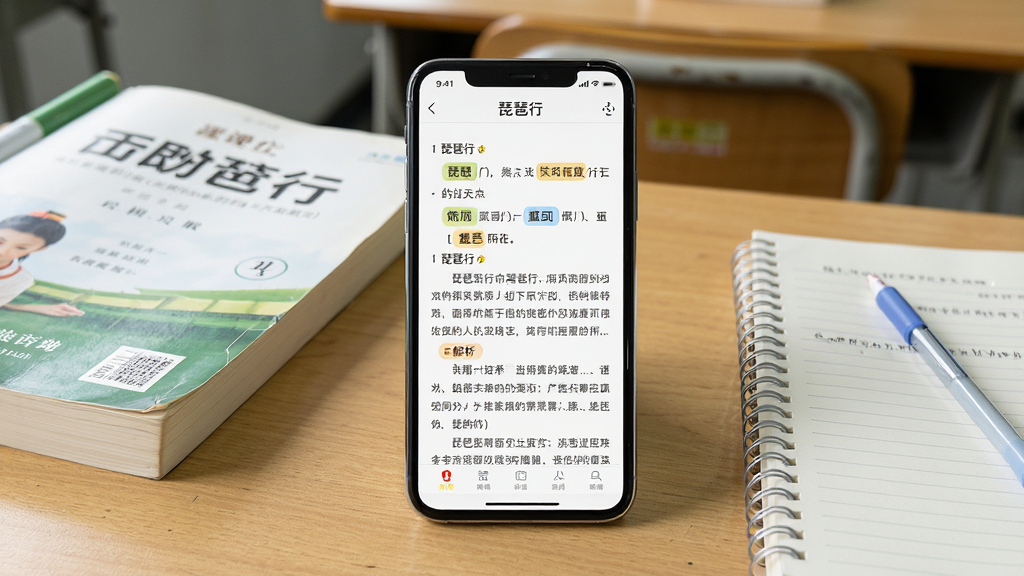 一幅展示琵琶行APP高中课文同步学习界面的图片,画面中央是一部智能手机,屏幕上显示着高中语文课本风格的琵琶行课文页面,页面中有重点字词标注和段落解析,手机旁边放着高中语文教材和笔记本,背景是教室课桌场景,布局为手机居中周围环绕学习用品,风格为校园学习风,细节上屏幕内容清晰可见,画质高清,干净整洁,无多余元素