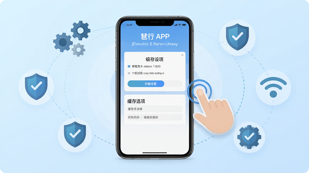 一幅展示琵琶行APP新手设置引导界面的图片,画面中央是手机屏幕,显示着权限设置和缓存选项的界面,屏幕旁边有手指点击的图标示意,周围环绕着齿轮、盾牌、WiFi信号等图标元素,背景是浅蓝色渐变,布局为手机居中四周环绕功能图标,风格为扁平化科技风,细节上界面元素清晰,画质高清,干净整洁,无多余元素