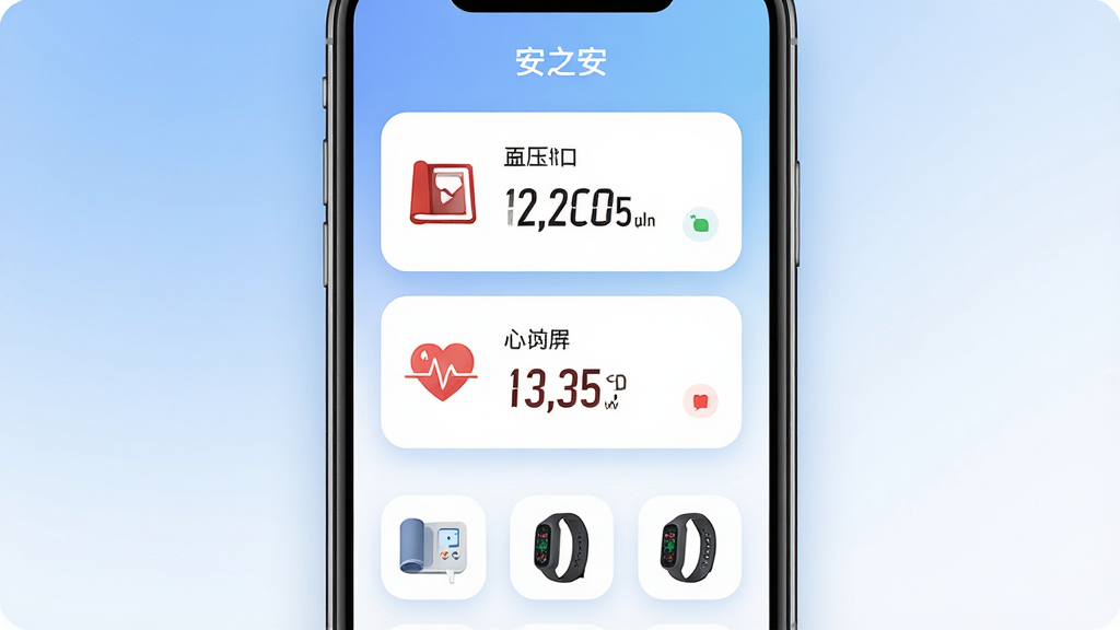 一款名为“安之安”的智能手机健康管理应用界面,主体为一部竖屏手机,屏幕中央显示血压和心率数据卡片,周围环绕智能血压计、手环等设备图标,布局为手机居中、数据卡片在上方、设备图标在下方,排版简洁清晰,风格为现代简约科技风,细节包括柔和的蓝白渐变背景、圆角卡片、数字清晰可读,画质高清,画面干净,无多余元素