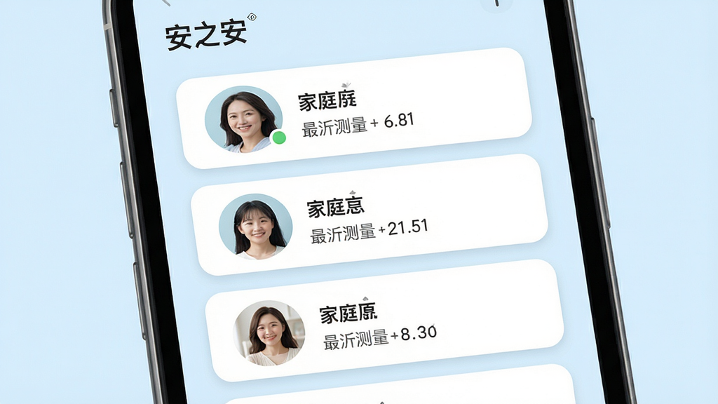 “安之安”应用的家庭成员管理界面,主体为一部手机屏幕,屏幕上显示多个家庭成员头像卡片,布局为纵向列表排列,排版整齐清晰,风格为清新浅色系,细节包括每个头像旁有姓名和最近测量数值、卡片为白色圆角、背景为淡蓝色,画质高清,画面干净,无多余元素