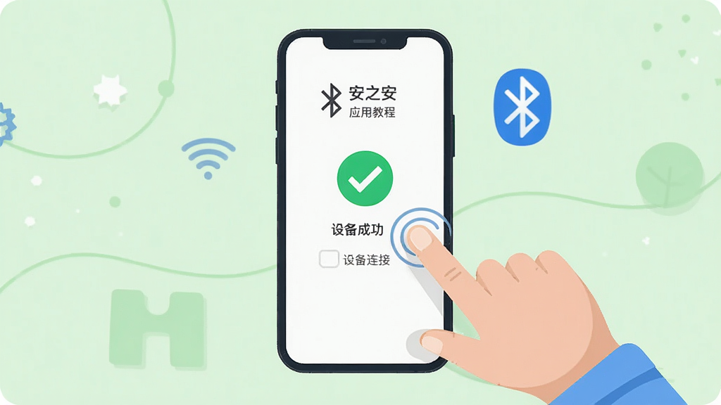 “安之安”应用使用教程示意图,主体为一部手机和一位用户手指点击屏幕,布局为手机居中、手指从右侧点击,排版简洁,风格为扁平化插画风,细节包括手机屏幕显示设备连接成功界面、背景为浅绿色、有蓝牙图标和勾选标记,画质高清,画面干净,无多余元素