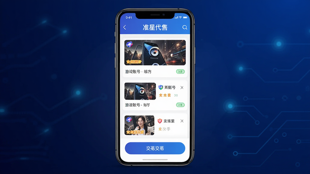 准星代售手机应用界面展示,画面中央是一部智能手机,屏幕上显示准星代售APP的首页,包含游戏账号列表和交易按钮,背景是深蓝色科技感渐变,布局简洁清晰,风格现代扁平化,细节上突出账号卡片和担保交易标识,画质高清,干净,无多余元素