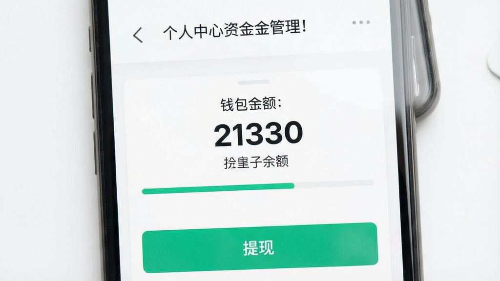 准星代售个人中心资金管理页面,画面主体是手机屏幕显示钱包余额和提现按钮,背景是白色简洁风格,布局上下结构,风格清新浅色,细节上突出金额数字和提现进度条,画质高清,干净,无多余元素
