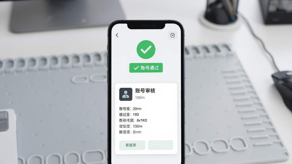 准星代售账号审核界面,画面主体是一部手机屏幕,屏幕上显示账号审核通过标识和账号详细信息卡片,背景是浅灰色工作台,布局居中,风格简洁专业,细节上突出绿色审核通过标签和账号数据,画质高清,干净,无多余元素
