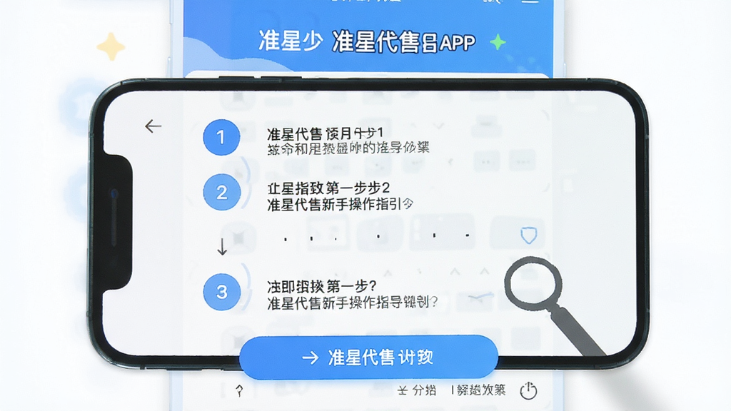 准星代售新手操作指引图,画面主体是手机屏幕显示准星代售APP的操作步骤引导页,布局为上下分步展示,风格清新明快,细节上突出步骤序号和操作按钮,画质高清,干净,无多余元素