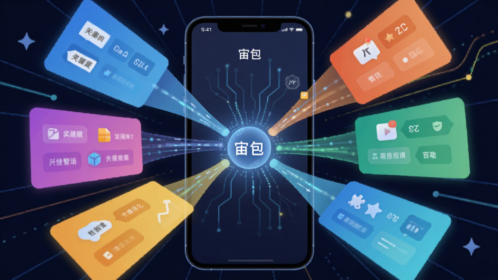 画面中央展示“宙包”软件界面中智能内容聚合功能的操作示意,主体为手机屏幕内多个彩色卡片从四周向中心汇聚的视觉效果,布局采用放射状构图,排版突出中心聚合点,风格为扁平化科技插画风,细节包含数据流线条、分类标签图标与柔光效果,画质清晰,干净,无多余元素