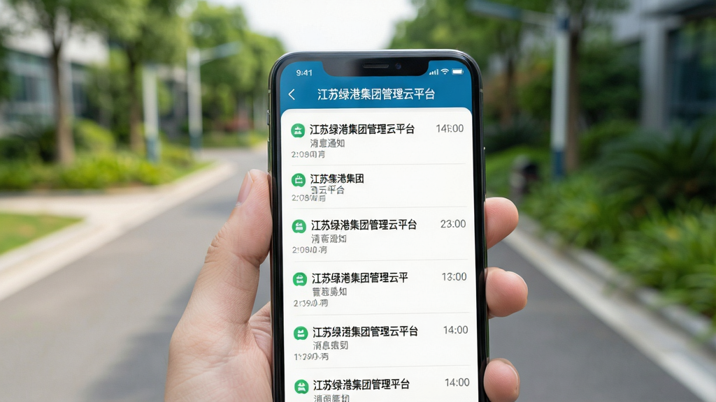 一部手机握在手中,屏幕显示“江苏绿港集团管理云平台”的消息通知列表界面,每条通知带有标题与时间标签,背景为户外园区道路与绿植虚化,风格为自然清新商务,细节上体现信息列表排版,画质高清,画面干净,无多余元素
