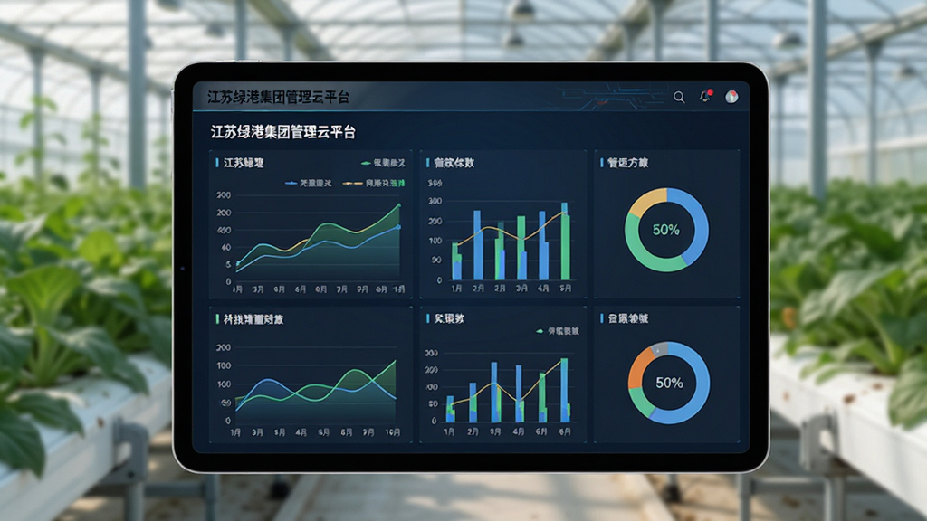 画面主体为平板电脑横屏展示“江苏绿港集团管理云平台”的数据看板页面,屏幕内呈现折线图、柱状图与圆形统计图,背景为现代化农业大棚内部,有绿色植物虚化作为衬托,风格为科技农业结合,细节上体现数据可视化元素,画质高清,画面干净,无多余元素