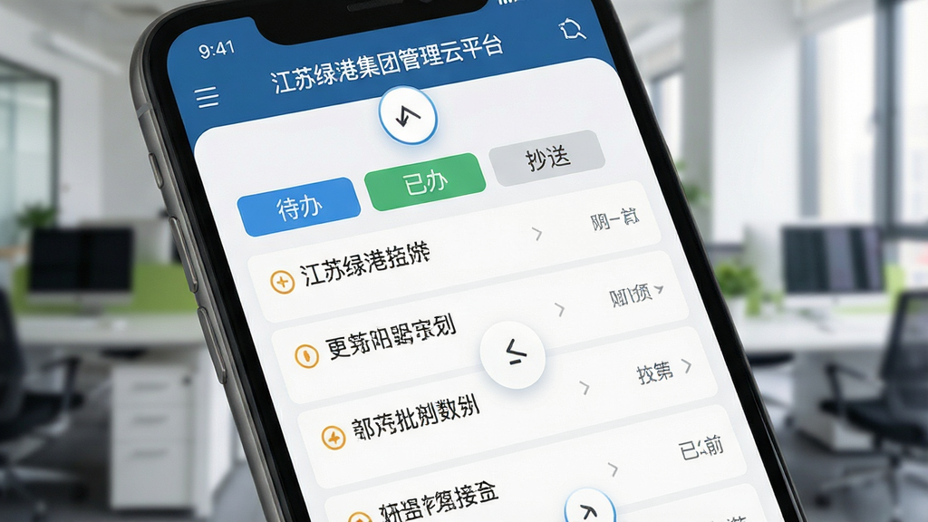 手机屏幕特写展示“江苏绿港集团管理云平台”的审批流程界面,页面中有待办、已办、抄送等标签分类,列表条目清晰,背景为模糊的办公室环境,风格为现代移动办公,细节上突出界面交互元素,画质清晰,画面干净,无多余元素