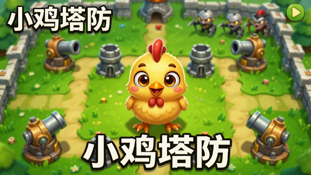 一只可爱的小鸡站在绿色的塔防地图中央,周围分布着炮塔和路径,远处有敌人正在靠近,画面采用卡通渲染风格,色彩明亮鲜艳,主体突出,布局居中,风格为休闲游戏宣传图,细节包括草地纹理、炮塔造型、小鸡表情生动,画质清晰干净,无多余元素,图片中带有文字