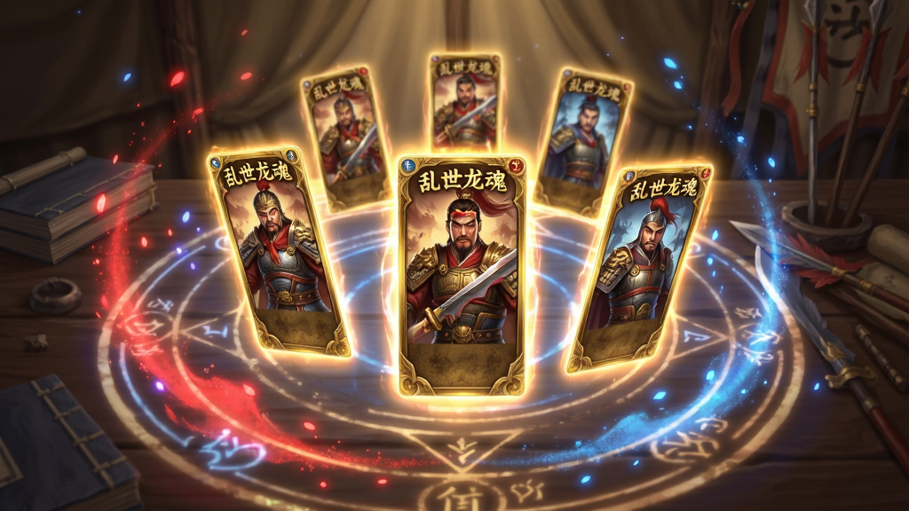 画面展示一个圆形招募法阵,法阵中央悬浮着数张闪耀金光的武将卡牌,卡牌上分别印有